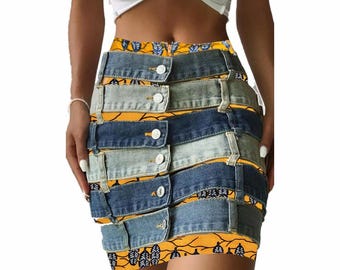 denim skirt with african print underskirt upcycled jeans skirt by  africanclothingetc