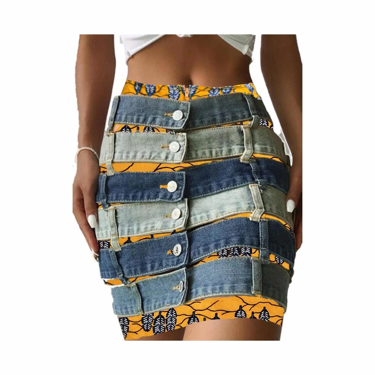 Upcycled Denim African Print Mini Skirt – Patchwork Afrocentric