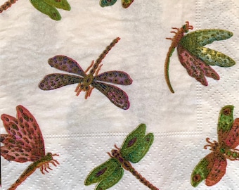 Dragonfly Paper Napkin, Multi-Color Theme Craft Supply Decoupage Craft Gift for Summer Bug Lover, One napkin