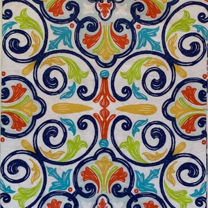 Mediterranean Tile Inspired Orange Blue Green Yellow Pattern Decoupage Paper Napkins, Modern Theme Craft Napkins, Luncheon Size Set of 3