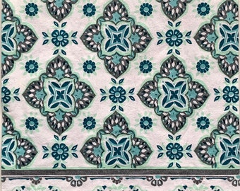 Moroccan Teal White Mosaic Decoupage Paper Napkins Gray Border, Mediterranean Theme Craft Napkins, Luncheon Size Set of 3, Paper Supplies