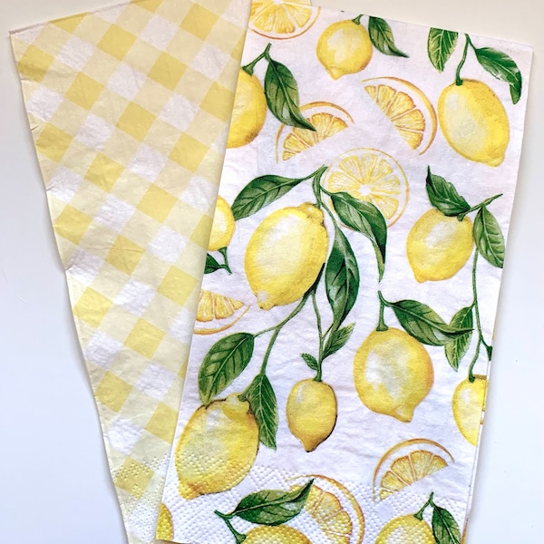 Yellow Lemon Gingham Vichy Check Decoupage Paper Napkins, Summer Theme Craft Fruit Napkins, Luncheon Size Set of 2