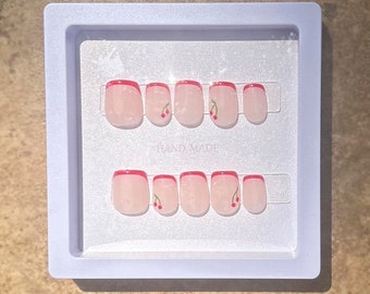 Hand Painted Extra Short Cherry French Tip Press On Nails