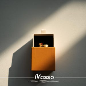 May include: A small, square, brown box with a white label on top. The box is open and contains two gold rings with a red stone.