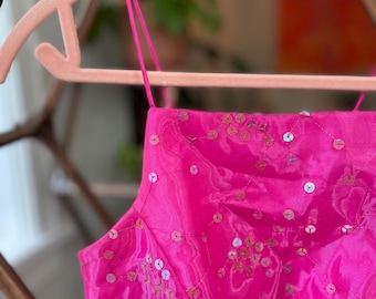 Canotta corsetto con paillettes rosa shocking anni '90 / Barbie glamour vintage / Top da sera con spalline sottili in seta