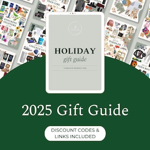 May include: A digital holiday gift guide for 2025, featuring a tablet with "Holiday Gift Guide" text. The guide is curated by Dr. Rachel & Dr. Carly. Additional text includes "Discount Codes & Links Included". Various gift categories are displayed.