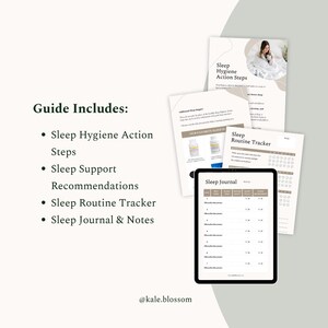 Guide includes: Sleep Hygiene Action Steps, Sleep Support Recommendations, Sleep Routine Tracker, Sleep Journal and Notes