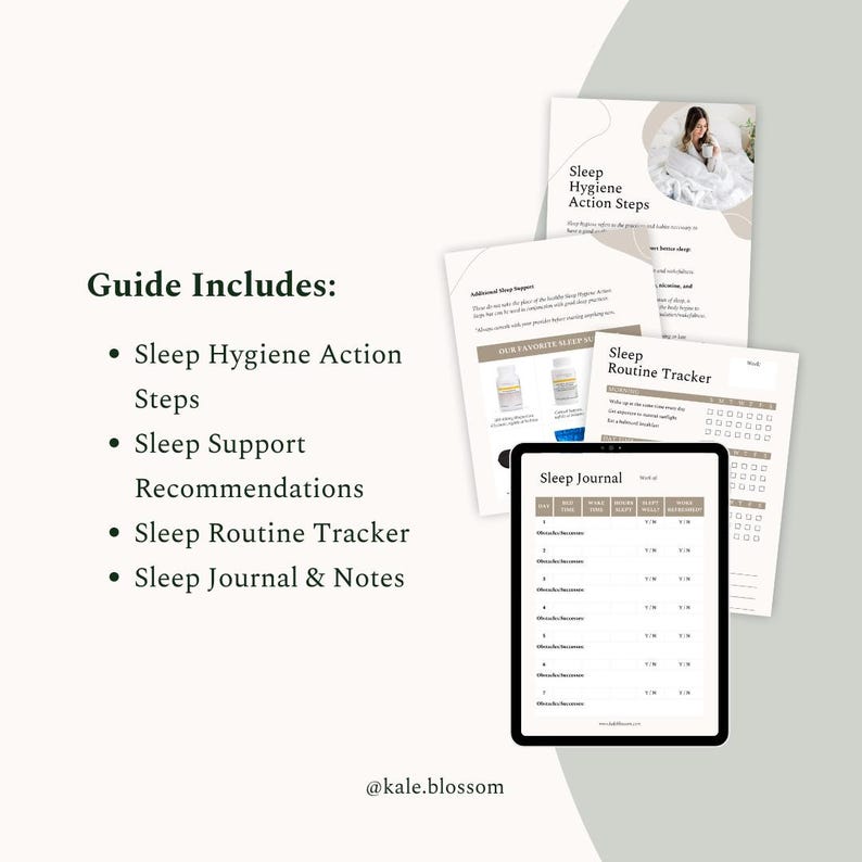 Guide includes: Sleep Hygiene Action Steps, Sleep Support Recommendations, Sleep Routine Tracker, Sleep Journal and Notes
