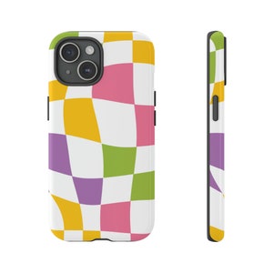 May include: A phone case with a checkered pattern in yellow, pink, green, and purple. The case has a black border.