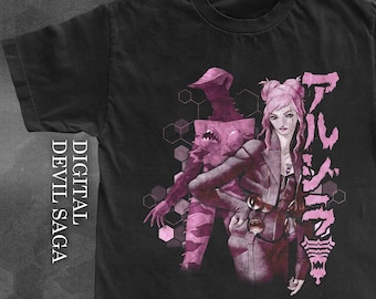 May include: A black short-sleeve t-shirt featuring a pink graphic of a character and a creature with a hexagonal pattern. The text DIGITAL DEVIL SAGA is printed vertically on the left, and Japanese characters are printed on the right side.