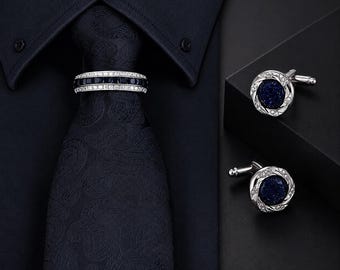 Navy Blue Cufflinks and Tie Ring Set for Men, Silver Tone Goldstone Cufflink Gift Set with Box, Wedding Groomsmen Formal Accessory
