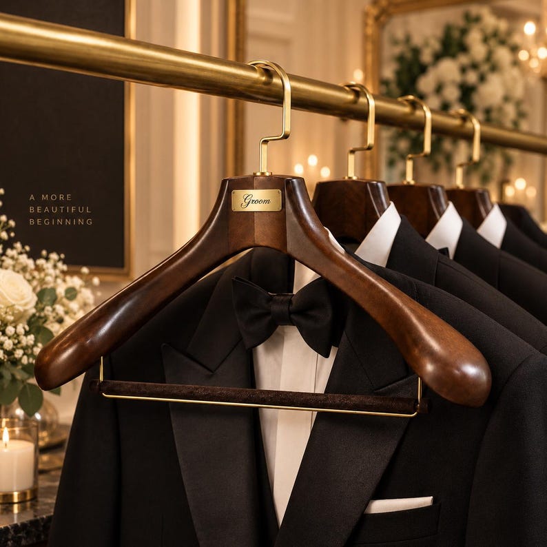 May include: A dark brown wooden suit hanger with a gold-toned metal hook and a rectangular gold plate engraved with the word Groom. The hanger features a velvet-covered horizontal bar and is suspended from a matching gold-toned metal clothing rack.