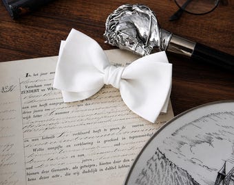 Handmade White Satin Bow Tie, Pre Tied Adjustable Bow Tie,Tuxedo and Black Tie, Wedding Bows, Handmade Bows
