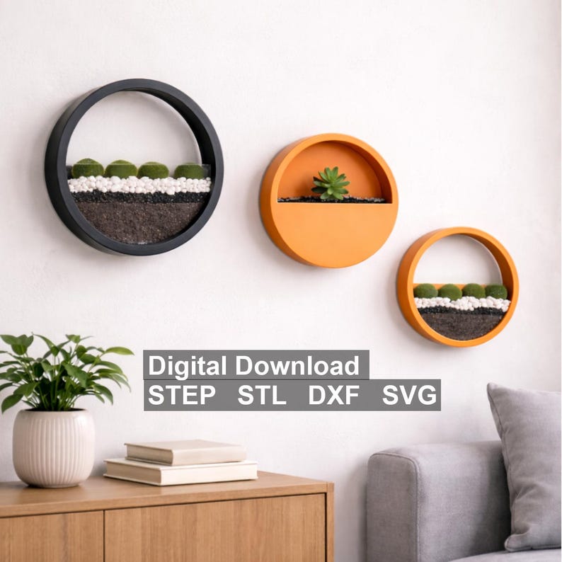 May include: Three circular wall planters in black and orange, each with a different plant arrangement. The planters are mounted on a white wall. The text "Digital Download STEP STL DXF SVG" is displayed below the planters.