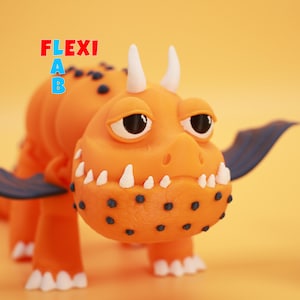 May include: Orange and blue 3D printed dragon figurine with white horns and teeth. The dragon has black spots and a sad expression.