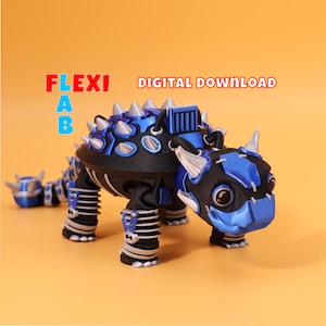 May include: A blue and black 3D printed robot dinosaur toy with silver accents. The toy has a spiky back and a large head with big eyes. The toy is posed as if it is walking. The text "FLEXI LAB DIGITAL DOWNLOAD" is visible in the image.