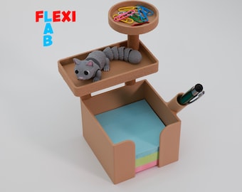 3D STL printer file - Notepad holder compatible for Post-It sticky notes with pen holder Flexi cat and scratching post as office decoration