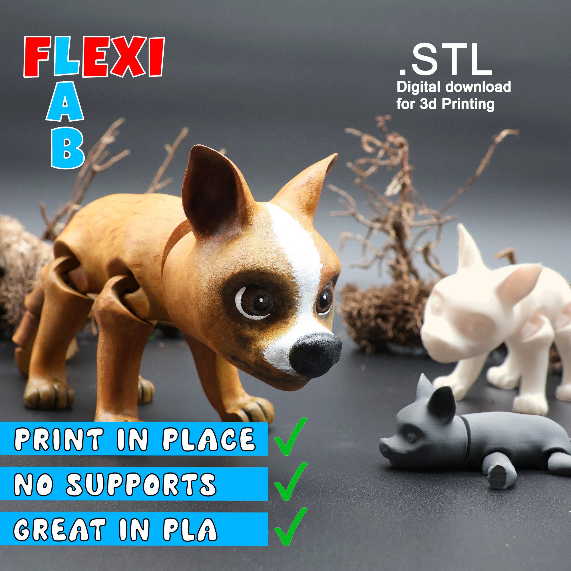 Cute Flexi Print-in-place Dog for 3D Printer Digital File STL
