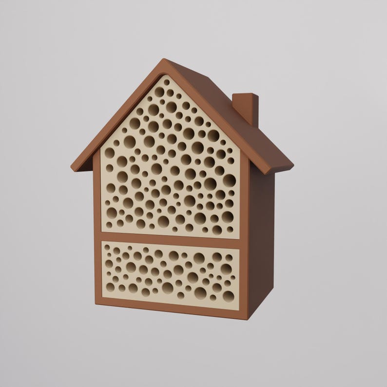 以下が含まれることがあります： 茶色とベージュの木製昆虫ハウス。屋根と煙突が付いています。さまざまなサイズの円形の穴が多数あり、昆虫に避難場所を提供するために設計されています。シンプルで機能的なデザインで、庭や屋外スペースに適しています。