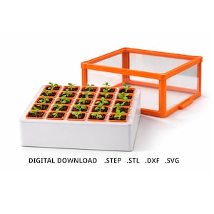 Puede incluir: Una bandeja blanca para semilleros con macetas cuadradas naranjas llenas de plántulas. Una cubierta de invernadero de plástico naranja está a la derecha. El texto "DIGITAL DOWNLOAD .STEP .STL .DXF .SVG" está en la parte inferior.