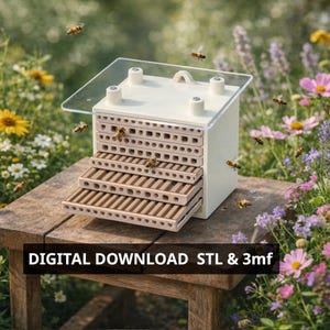 May include: A cream-colored bee house with multiple levels and a clear roof, surrounded by flying bees and flowers. The text "DIGITAL DOWNLOAD STL & 3mf" is displayed at the bottom. The bee house is made of wood and has multiple holes for bees to enter.