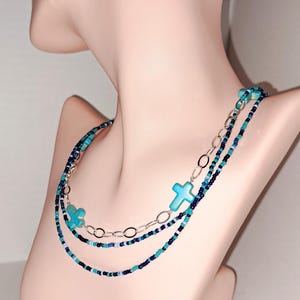Bohemian Religious Necklace Turquoise Cross Stone Sterling Silver Unique Christian Jewelry Gift