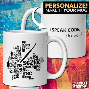 Personalisierte Häkeltasse: Abkürzungen | "Ich spreche Code" Geschenk für Garn-Liebhaber