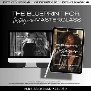 May include: A computer screen and tablet display a course titled "The Blueprint for Instagram Masterclass". The course promises to help users grow and monetize their Instagram accounts. The text "MODULE 2: HASHTAGS KEYWORDS & SEO" is visible on the computer screen.