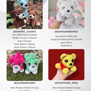 May include: A collection of handmade crochet teddy bears in various colors, including brown, blue, pink, green, and yellow. Each bear has large, expressive eyes and is crafted with different yarn types. The image includes text with the maker's usernames and yarn details.