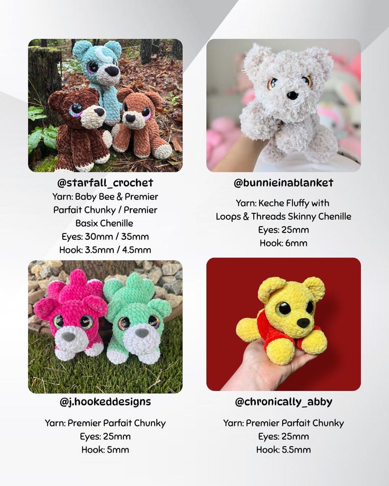 May include: A collection of handmade crochet teddy bears in various colors, including brown, blue, pink, green, and yellow. Each bear has large, expressive eyes and is crafted with different yarn types. The image includes text with the maker's usernames and yarn details.