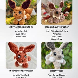 May include: Four crochet plush toys resembling fox-like creatures with large eyes. Text labels include @littleyarndelights_kj, @geekyhauntscrochet, Thecrochetingprofessor, and @lazyfrogco, along with yarn types, 25mm to 35mm eyes, and 4mm to 5.5mm hook sizes.
