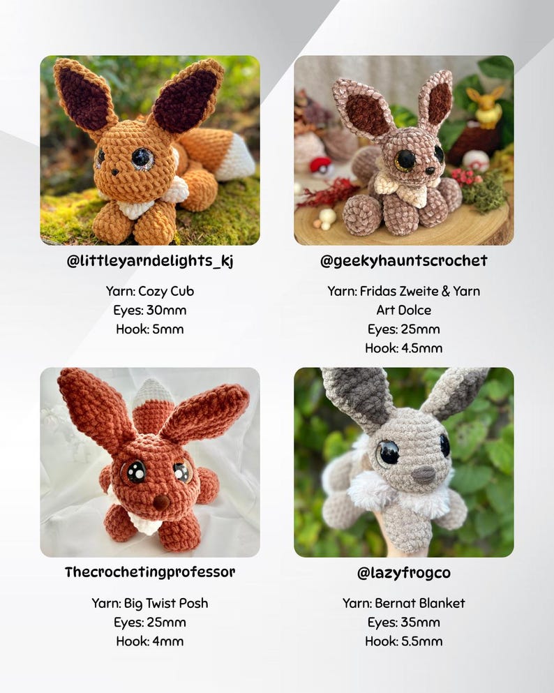 May include: Four crochet plush toys resembling fox-like creatures with large eyes. Text labels include @littleyarndelights_kj, @geekyhauntscrochet, Thecrochetingprofessor, and @lazyfrogco, along with yarn types, 25mm to 35mm eyes, and 4mm to 5.5mm hook sizes.