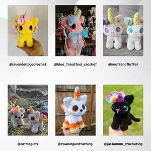 May include: A collection of crocheted unicorn plushies in various colors and styles. The plushies are all handmade and feature unique details, such as rainbow yarn, candy corn accents, and sparkly eyes.