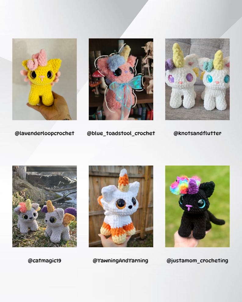 May include: A collection of crocheted unicorn plushies in various colors and styles. The plushies are all handmade and feature unique details, such as rainbow yarn, candy corn accents, and sparkly eyes.