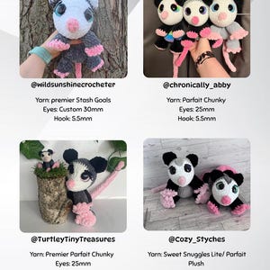 Pu&ograve; includere: Una collezione di peluche di opossum all'uncinetto fatti a mano in varie pose. Gli opossum sono principalmente neri, bianchi e rosa, con grandi occhi e piccoli arti. L'immagine mostra diversi tipi di filato e dimensioni degli occhi.