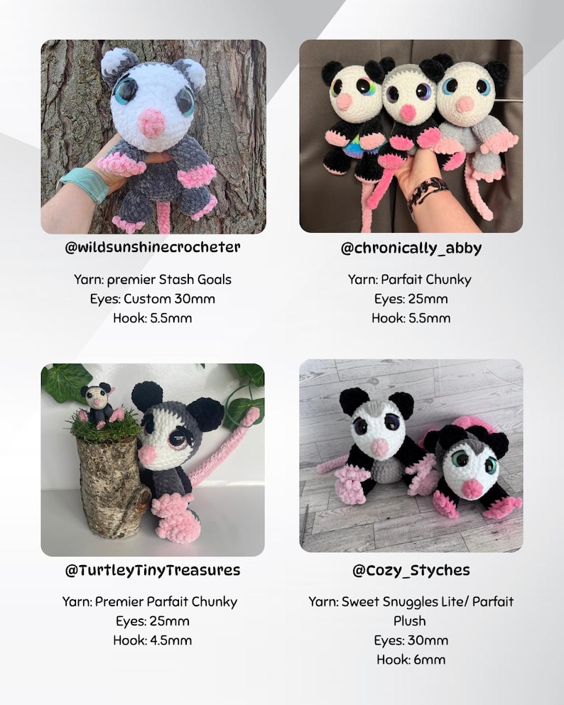 Pu&ograve; includere: Una collezione di peluche di opossum all'uncinetto fatti a mano in varie pose. Gli opossum sono principalmente neri, bianchi e rosa, con grandi occhi e piccoli arti. L'immagine mostra diversi tipi di filato e dimensioni degli occhi.