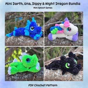 May include: Four crochet dragon plushies in a bundle: blue, white, green, and black. Each dragon has large eyes and is lying on a tree branch. The image includes the text "Mini Darth, Una, Dippy & Night Dragon Bundle" and "PDF Crochet Pattern".