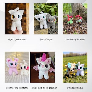 May include: A collection of six crocheted animal plushies, including a white cat, a gray cat, a green and pink dragon, a pink unicorn, a white unicorn, and a blue and green unicorn. The plushies are all handmade and have large, expressive eyes.