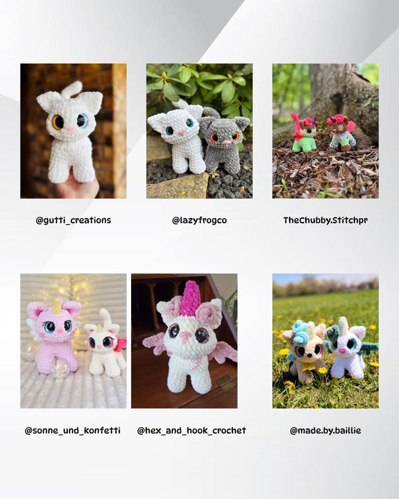 May include: A collection of six crocheted animal plushies, including a white cat, a gray cat, a green and pink dragon, a pink unicorn, a white unicorn, and a blue and green unicorn. The plushies are all handmade and have large, expressive eyes.