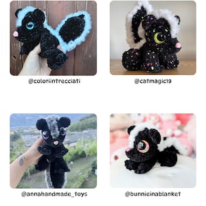 May include: A selection of handmade crochet skunk toys. The skunks are predominantly black and white, with some featuring colourful details and large, expressive eyes. The toys are shown in various poses, showcasing their unique designs.