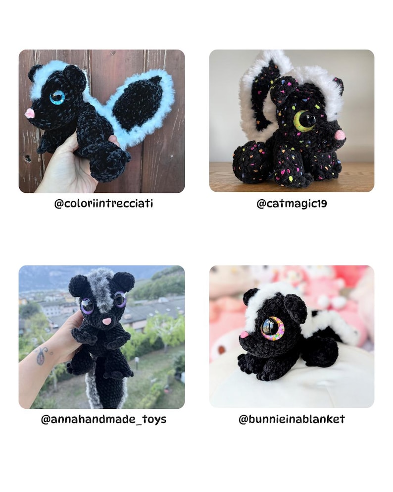 May include: A selection of handmade crochet skunk toys. The skunks are predominantly black and white, with some featuring colourful details and large, expressive eyes. The toys are shown in various poses, showcasing their unique designs.