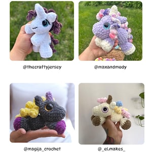 May include: Four crochet unicorn plushies in various colors: white, purple, gray, and cream. Each has a unique mane and tail design, with large, expressive eyes. The image includes the Instagram handles of the creators.