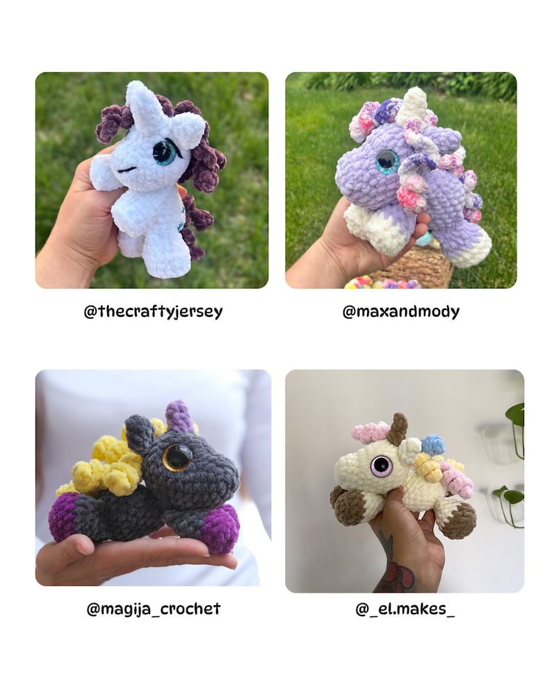 May include: Four crochet unicorn plushies in various colors: white, purple, gray, and cream. Each has a unique mane and tail design, with large, expressive eyes. The image includes the Instagram handles of the creators.