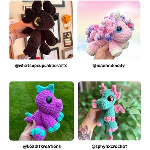 May include: A selection of four handmade crochet toys. A black dragon with yellow eyes, a pink and purple unicorn, a purple dragon with teal details, and a teal dragon with pink details. The word "BONUS" is at the top.
