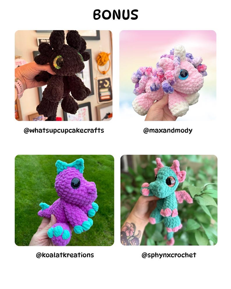 May include: A selection of four handmade crochet toys. A black dragon with yellow eyes, a pink and purple unicorn, a purple dragon with teal details, and a teal dragon with pink details. The word "BONUS" is at the top.