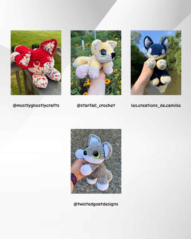 Puede incluir: Una colecci&oacute;n de figuras de animales de ganchillo hechas a mano en varios colores. Las figuras incluyen un perro rojo con detalles blancos y de confeti, un perro amarillo y blanco, un perro azul y blanco y un perro gris y blanco. Se muestran los nombres de los creadores.