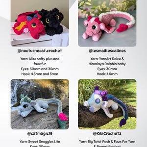 May include: A collection of four handmade crochet dragons in various colors. The dragons are made with different yarns and feature detailed eyes. The image includes the maker's Instagram handle and yarn details.