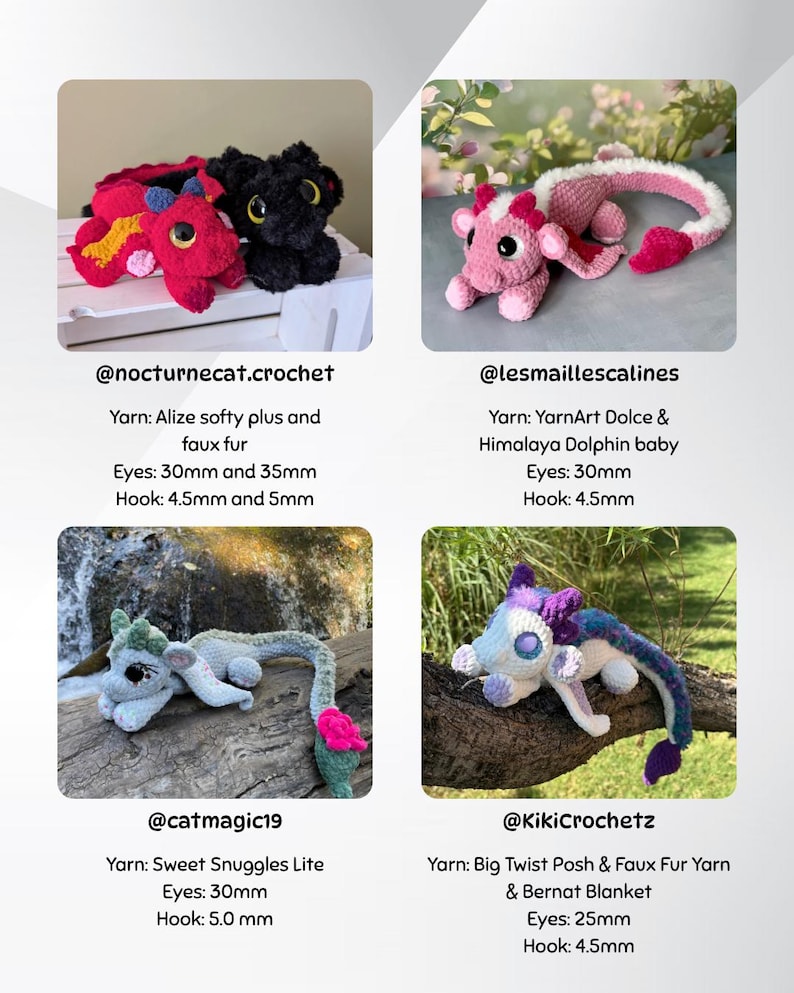 May include: A collection of four handmade crochet dragons in various colors. The dragons are made with different yarns and feature detailed eyes. The image includes the maker's Instagram handle and yarn details.