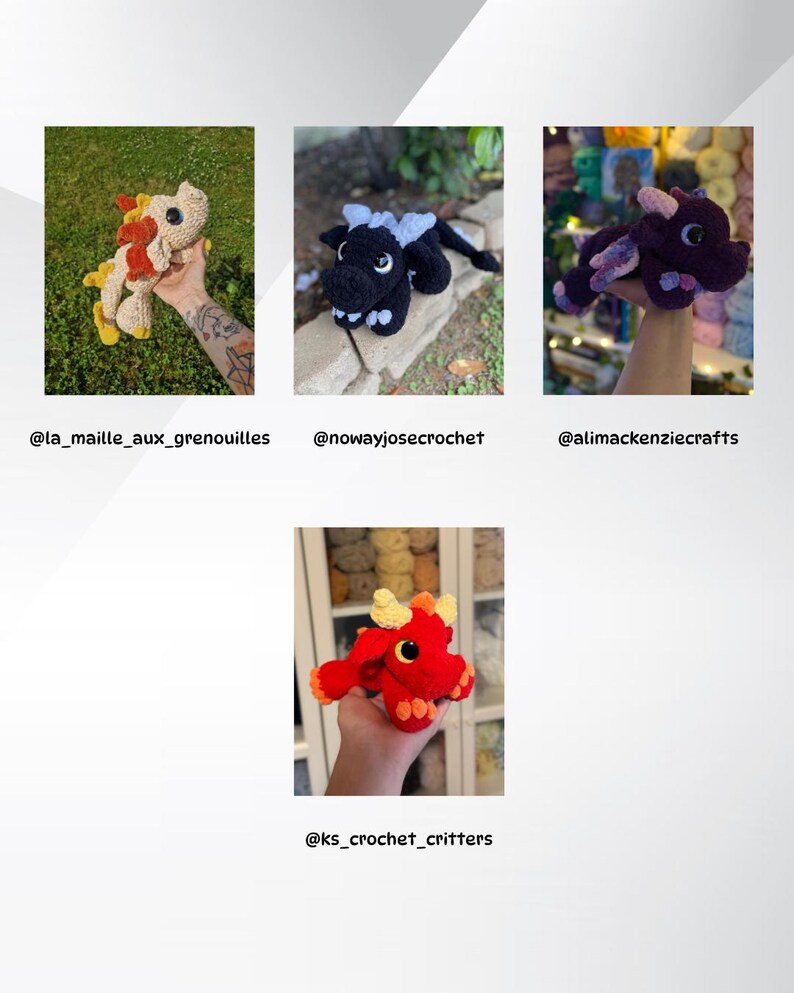 May include: A collection of handmade crochet dragons in various colors. One dragon is cream with red and yellow accents, another is black with white horns, and a third is purple with lavender wings. A fourth dragon is red with yellow and orange details.
