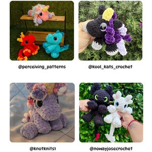 May include: A selection of handmade crochet plush toys, including dragons and a unicorn. The toys are in various colours, such as red, blue, purple, and black. The word "BONUS" is at the top of the image. The toys are displayed on a green background.